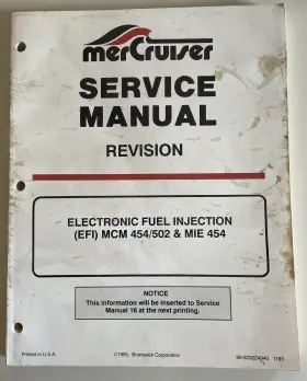 90-823224940 Mercury Mercruiser Service Manual Revision To #16 Efi Mcm 454/502 And Mie 454
